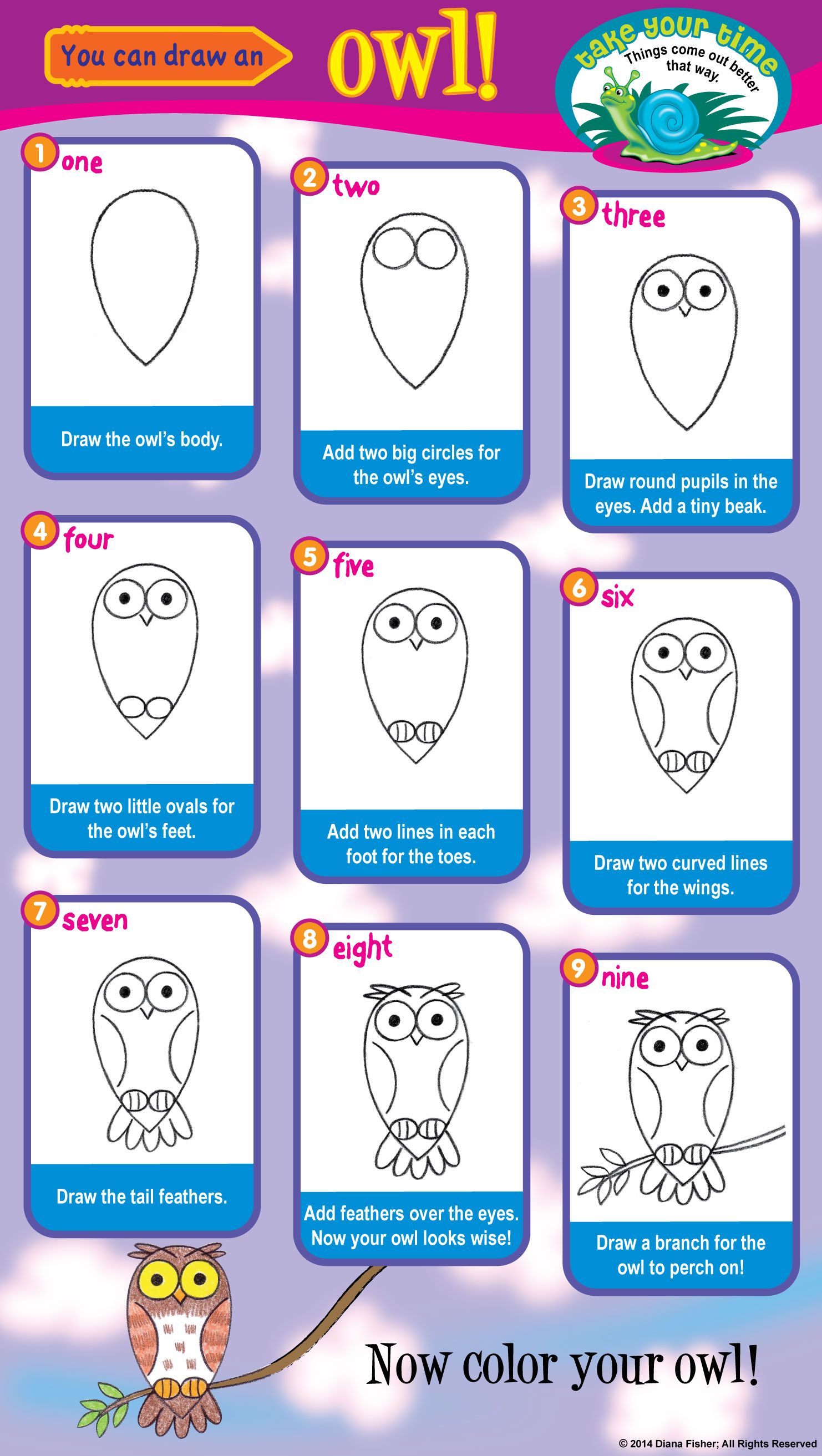 easy steps to draw an owl for kids