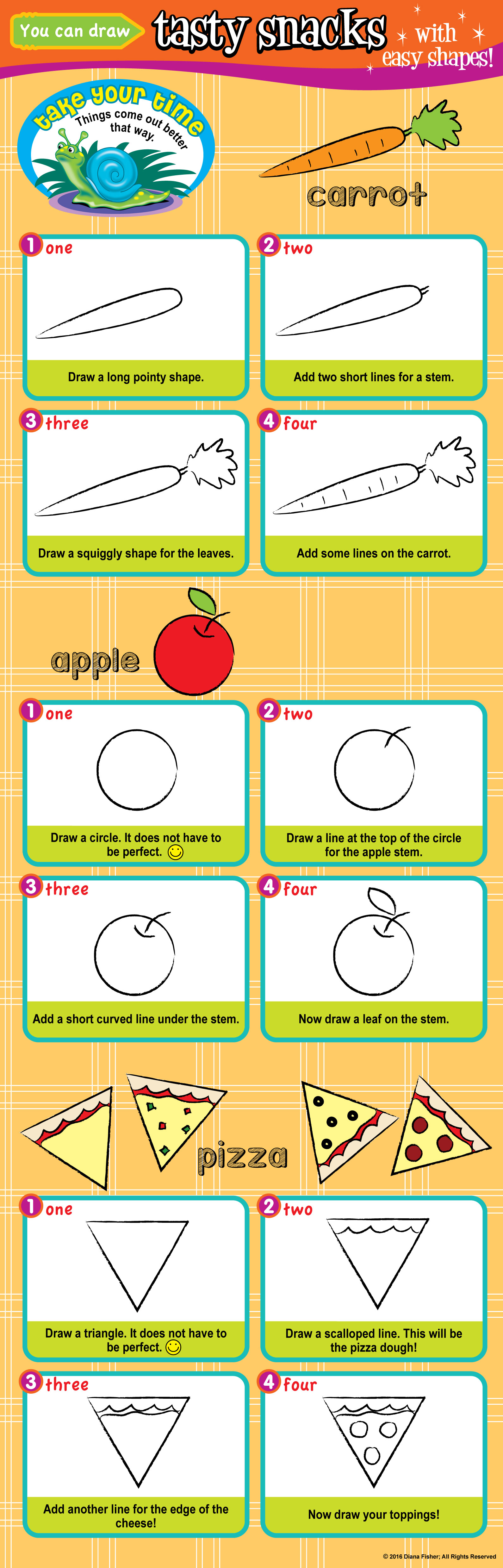 easy to draw a carrot, and apple, and pizza for children