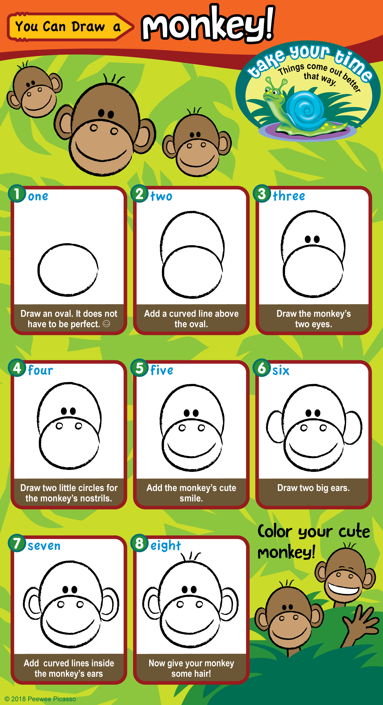 easy step-by-step instructions to draw a monkey for children